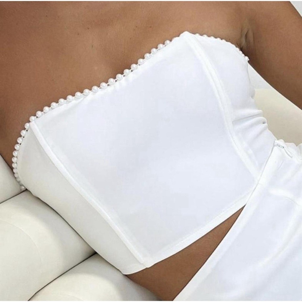 Princess Polly Elevate Crop Top White Pearl Embellishment Women's 6‎ Beach Zip
